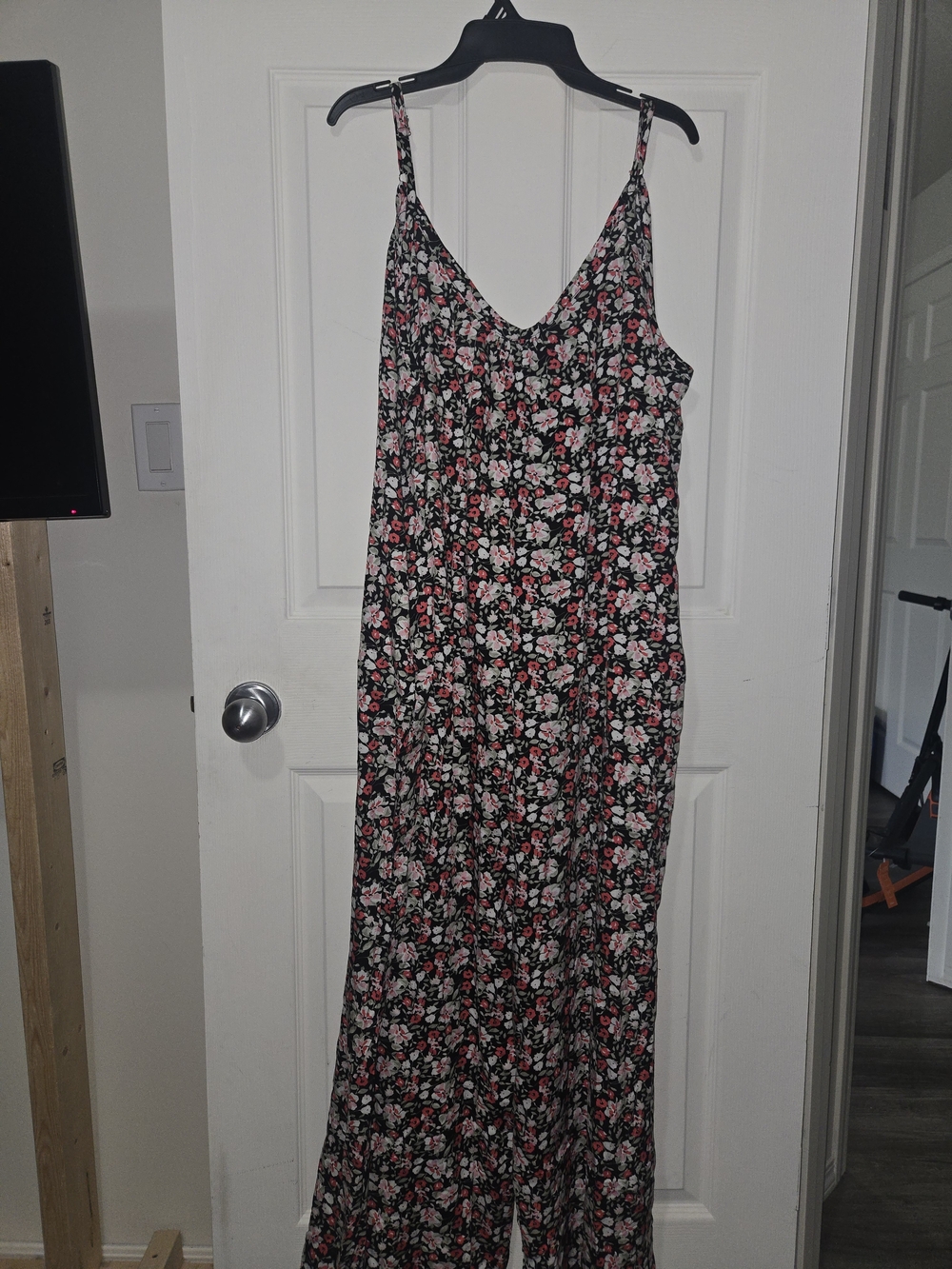 Amazon Floral V-Neck Jumpsuit - Black with Pink & White Flowers